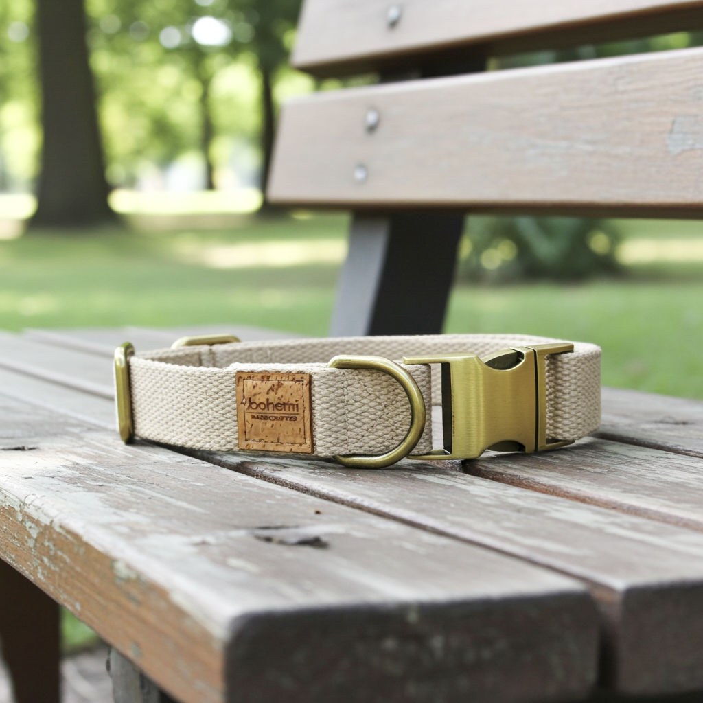 Dog collar with a brand tag on a wooden bench in a park setting