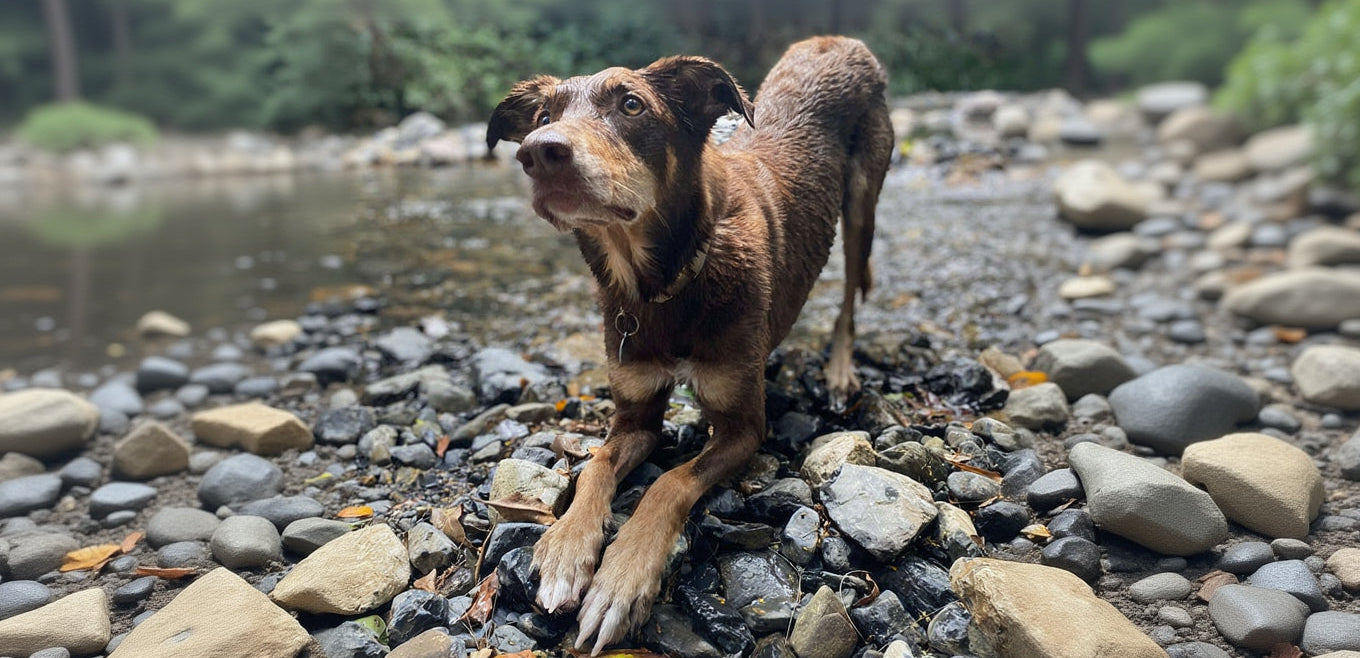 Brown dog standing on rocky ground with a natural background