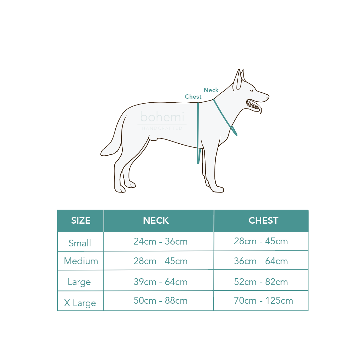 bohemi harness size guide and picture of how to measure dog