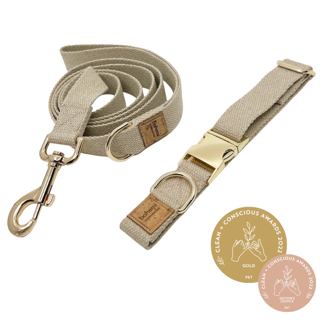 DURABLE Hemp Dog Collar & Lead Set ~ Gold - Bohemi
