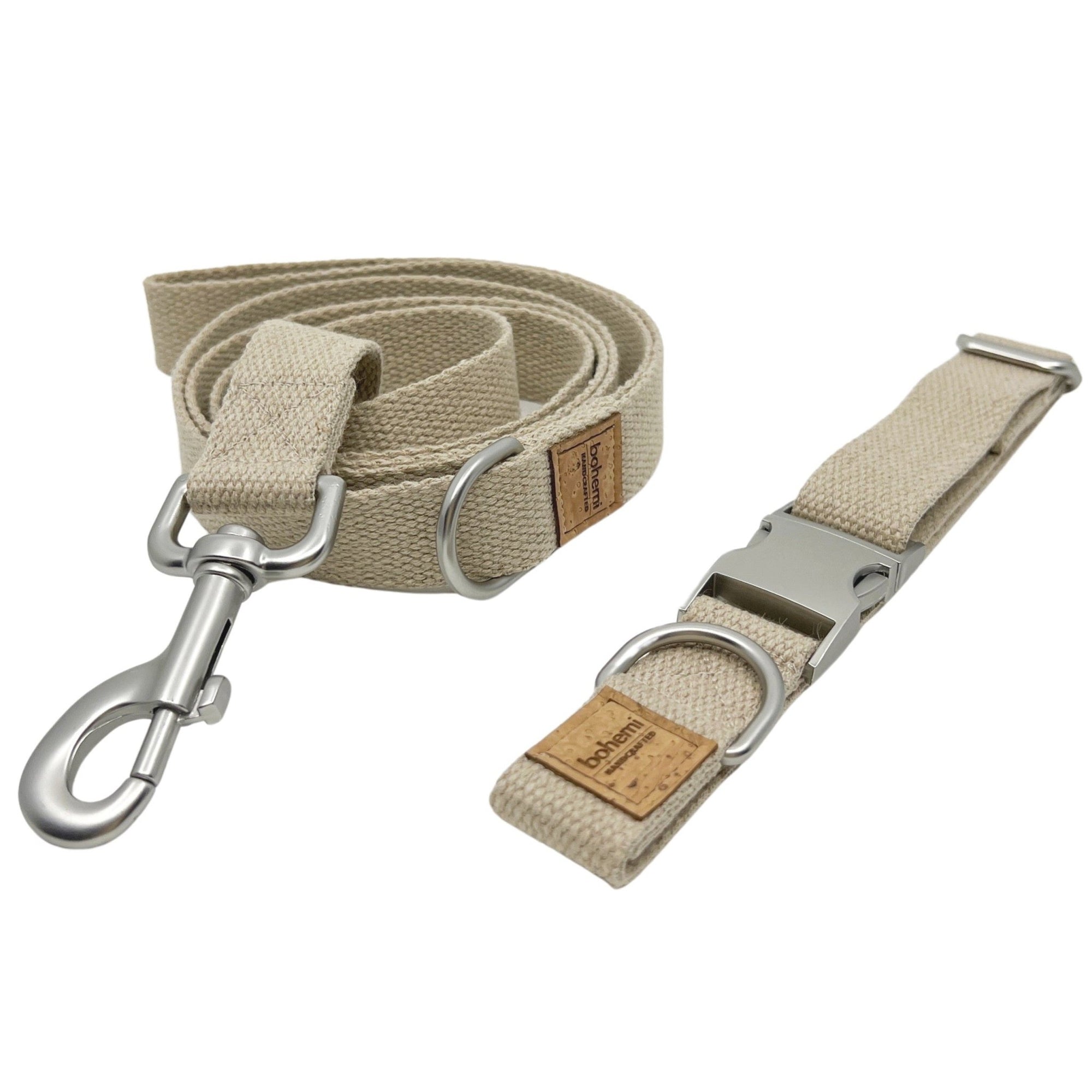 DURABLE Hemp Dog Collar & Lead Set ~ Matte Silver - Bohemi