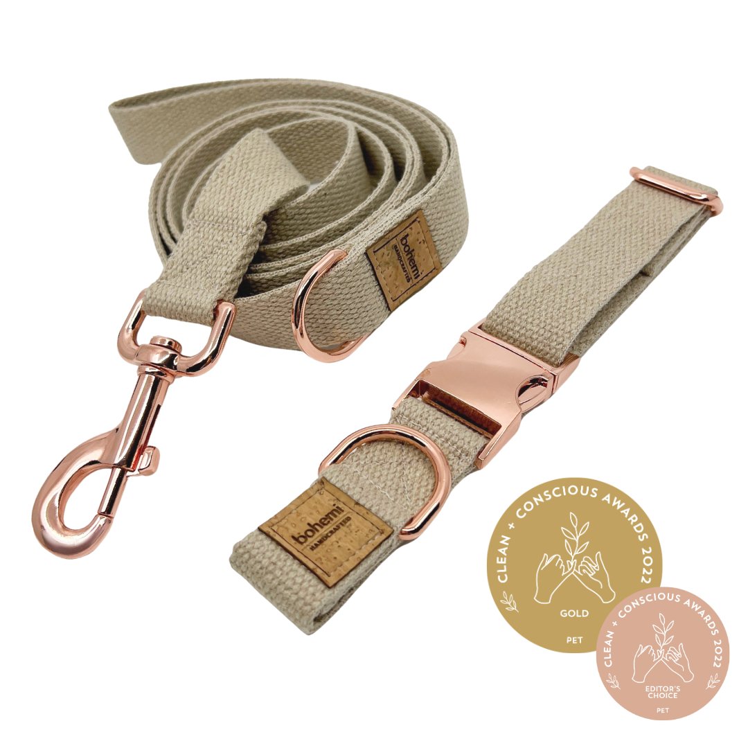 DURABLE Hemp Dog Collar & Lead Set ~ Rose Gold - Bohemi